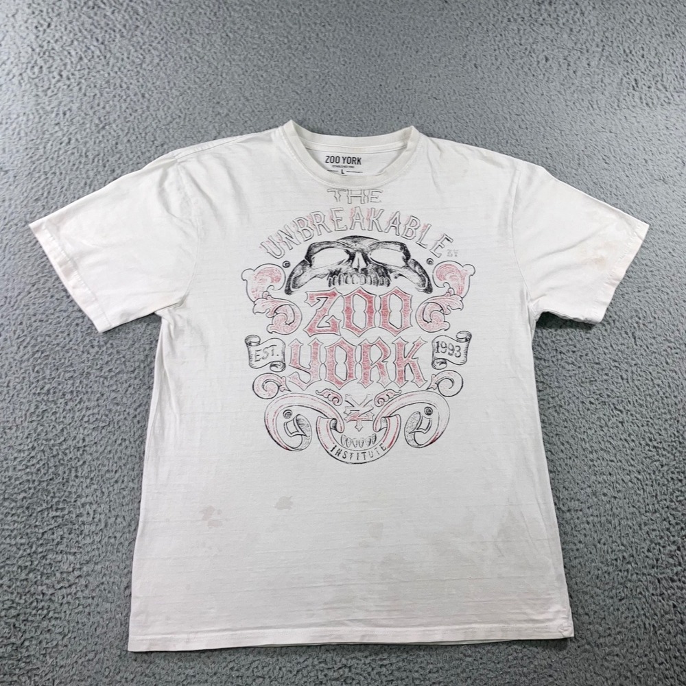 Zoo York Y2K Graphic Tee L White Grunge Skull Thrashed Destroyed Unbreakable